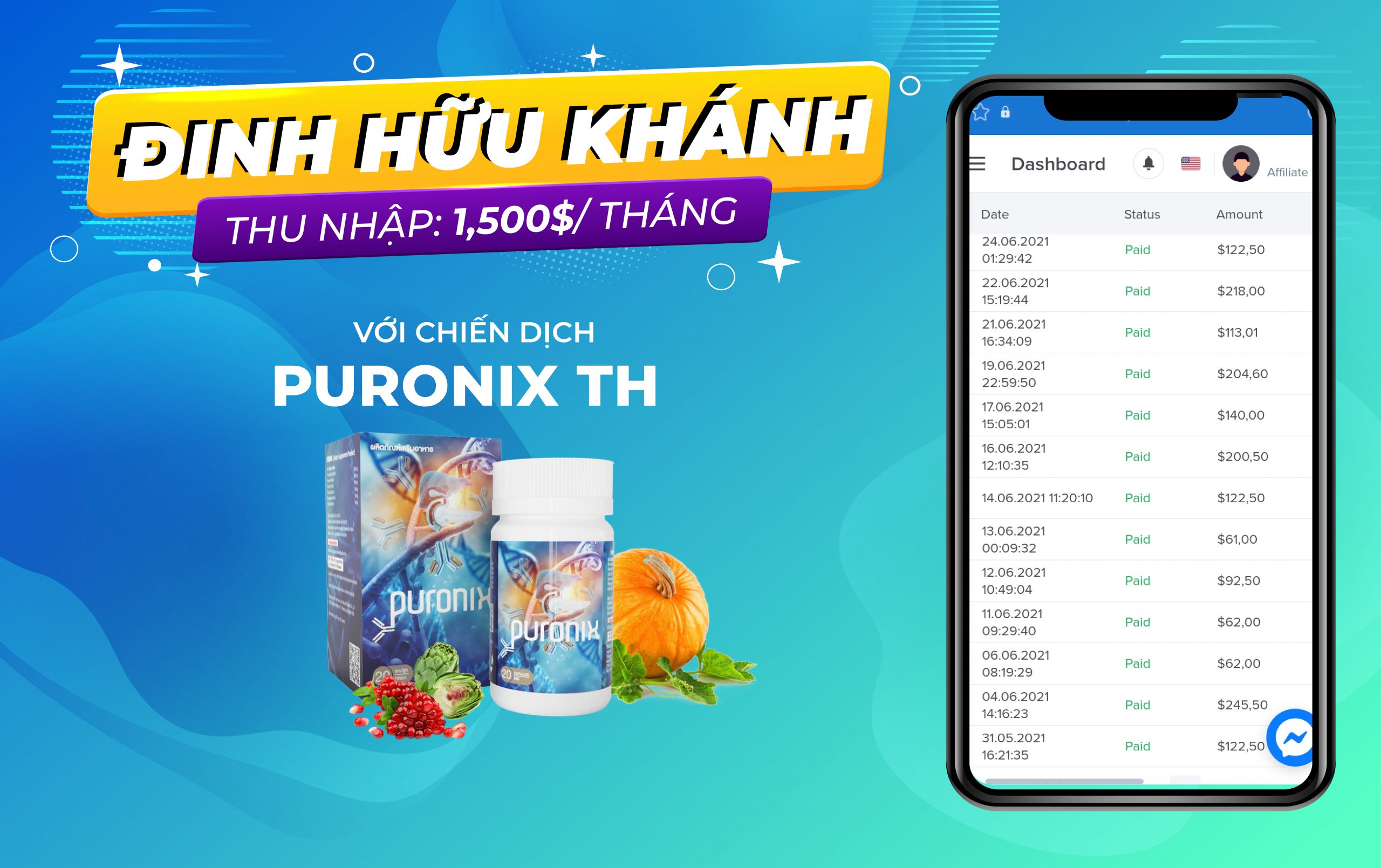 Kiếm 1,500$/tháng với chiến dịch Affiliate Marketing PURONIX thị trường Thái