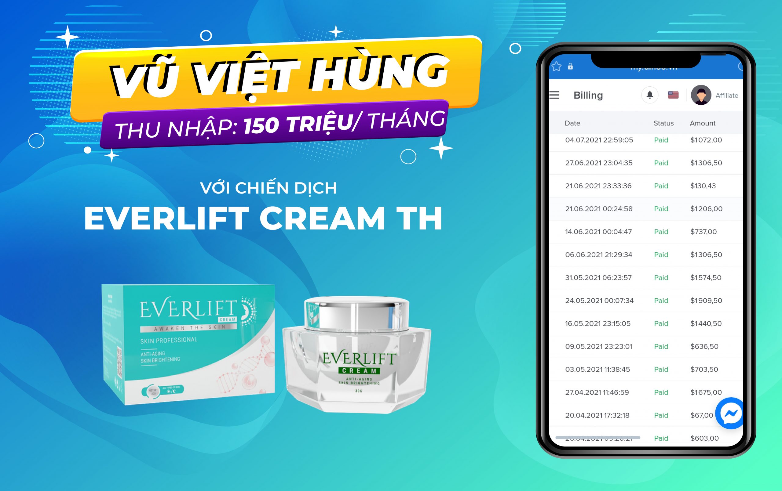 Chiến dịch Affiliate Marketing EVERLIFT Thái đem lại doanh thu khủng 150 TRIỆU/ tháng