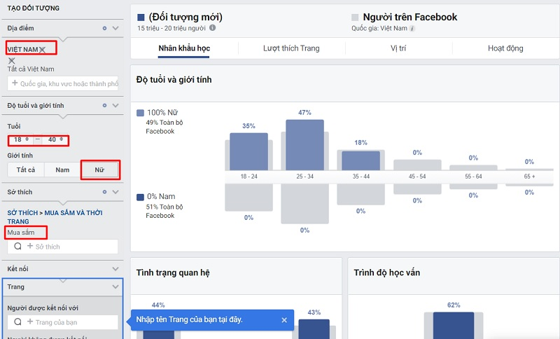 Tùy chỉnh Facebook Audience Insights để phù hợp với các đặc điểm nhân khẩu học của page bạn