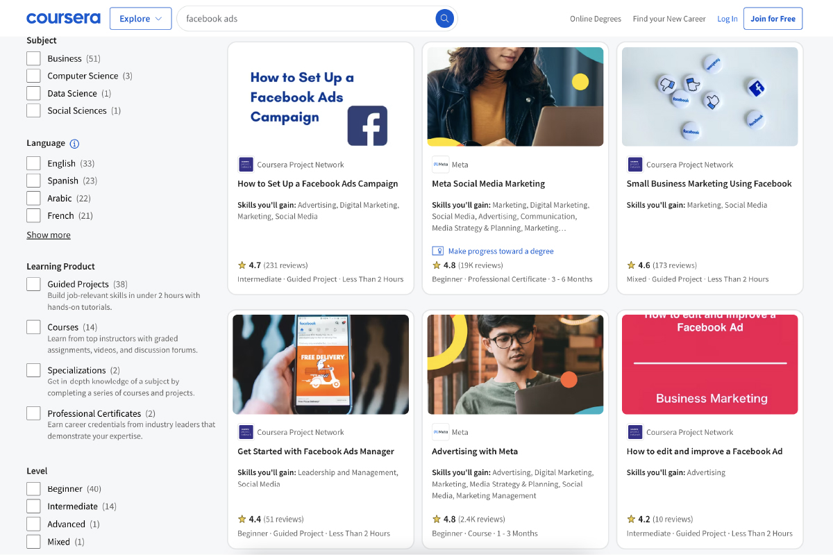 Các khóa học facebook Ads - Coursera