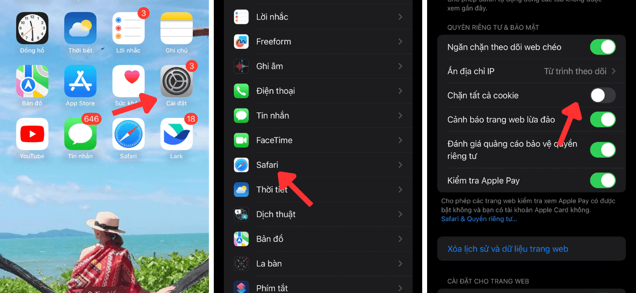 Bật tắt cookie trên điện thoại iphone trình duyệt Safari